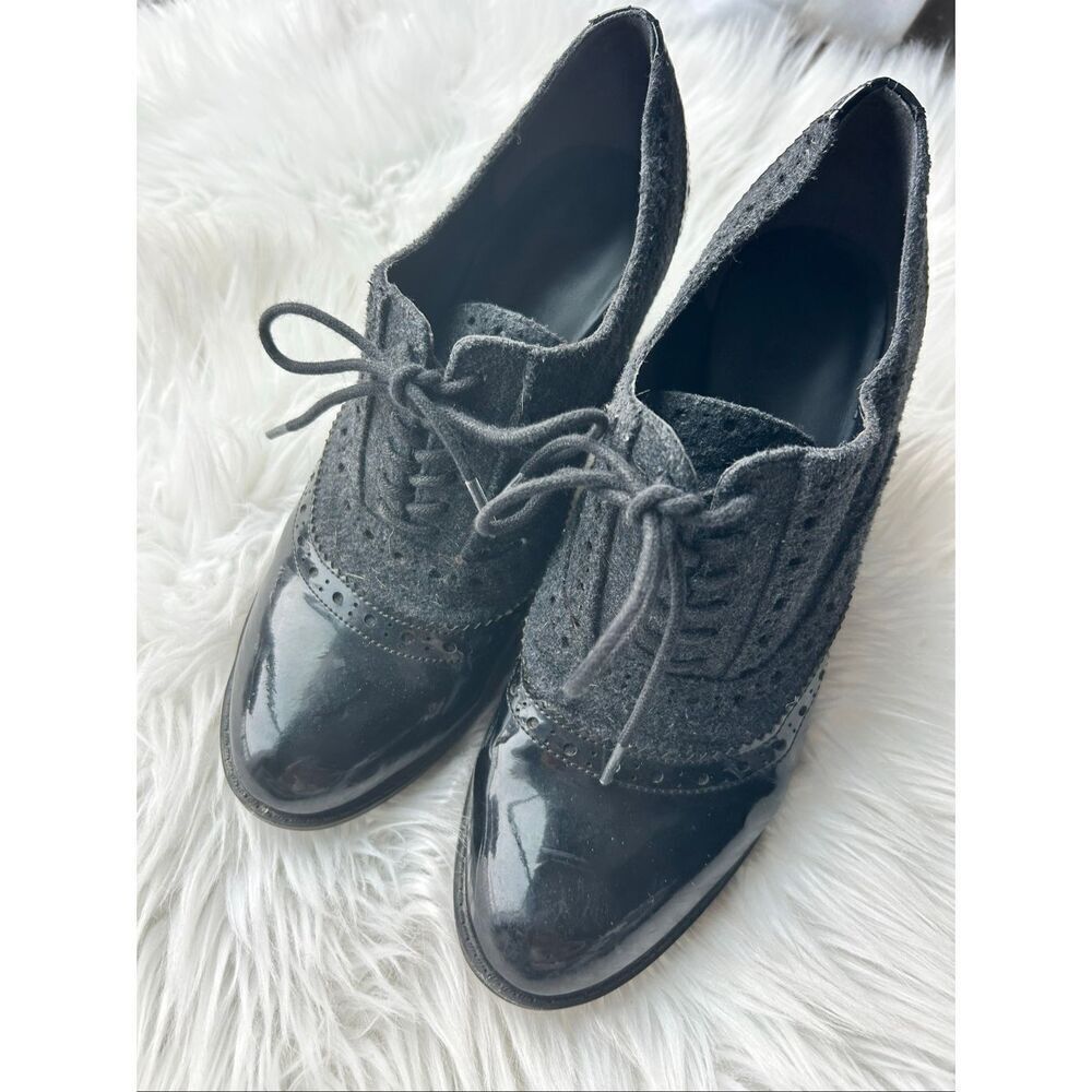 Franco Sarto Maze heeled oxfords in black patent leather and dark grey size 7.5